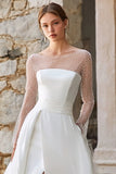 A Line Beaded Ivory Sheer Long Sleeve Wedding Dress With Slit