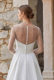 A Line Beaded Ivory Sheer Long Sleeve Wedding Dress With Slit