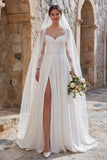 Off the Shoulder A Line Ivory Lace Long Wedding Dress with Slit