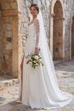 Off the Shoulder A Line Ivory Lace Long Wedding Dress with Slit