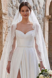 Off the Shoulder A Line Ivory Lace Long Wedding Dress with Slit