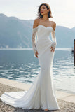 Ivory Mermaid Off the Shoulder Ruched Wedding Dress with Sweep Train
