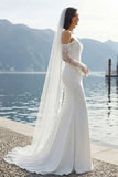 Ivory Mermaid Off the Shoulder Ruched Wedding Dress with Sweep Train