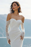 Ivory Mermaid Off the Shoulder Ruched Wedding Dress with Sweep Train