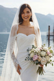 Ivory Mermaid Off the Shoulder Ruched Wedding Dress with Sweep Train
