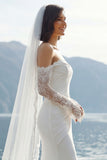Ivory Mermaid Off the Shoulder Ruched Wedding Dress with Sweep Train