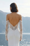 Ivory Mermaid Off the Shoulder Ruched Wedding Dress with Sweep Train