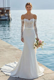 Off the Shoulder Ivory Mermaid Lace Long Wedding Dress with Bow
