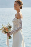 Off the Shoulder Ivory Mermaid Lace Long Wedding Dress with Bow