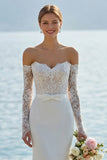 Off the Shoulder Ivory Mermaid Lace Long Wedding Dress with Bow