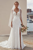 Ivory A Line Lace Long Wedding Dress with Slit