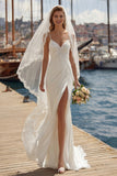 Ivory Mermaid Appliqued Satin Long Wedding Dress with Slit
