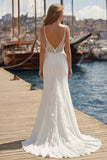 Ivory Mermaid Appliqued Satin Long Wedding Dress with Slit