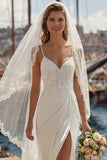Ivory Mermaid Appliqued Satin Long Wedding Dress with Slit