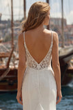 Ivory Mermaid Appliqued Satin Long Wedding Dress with Slit