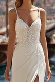 Ivory Mermaid Appliqued Satin Long Wedding Dress with Slit