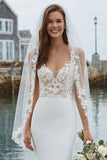 Mermaid Appliqued Ivory Long Wedding Dress with Slit