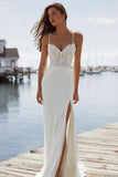 Ivory Spaghetti Straps Appliqued Mermaid Long Wedding Dress with Slit