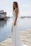 Ivory Spaghetti Straps Appliqued Mermaid Long Wedding Dress with Slit