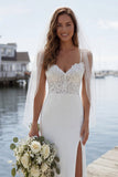 Ivory Spaghetti Straps Appliqued Mermaid Long Wedding Dress with Slit