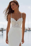 Ivory Spaghetti Straps Appliqued Mermaid Long Wedding Dress with Slit