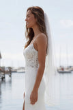 Ivory Spaghetti Straps Appliqued Mermaid Long Wedding Dress with Slit