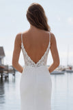Ivory Spaghetti Straps Appliqued Mermaid Long Wedding Dress with Slit