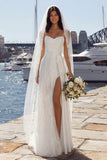 A Line Embroidered Ivory Long Wedding Dress with Slit