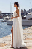 A Line Embroidered Ivory Long Wedding Dress with Slit