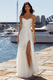 A Line Embroidered Ivory Long Wedding Dress with Slit