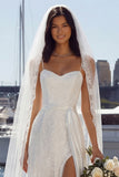 A Line Embroidered Ivory Long Wedding Dress with Slit