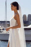 A Line Embroidered Ivory Long Wedding Dress with Slit