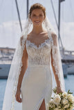 Lace Ivory Mermaid Sweep Train Wedding Dress with Slit