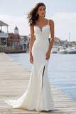 Appliqued Mermaid Ivory Spaghetti Straps Long Wedding Dress with Sweep Train