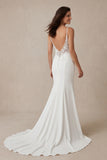 Appliqued Mermaid Ivory Spaghetti Straps Long Wedding Dress with Sweep Train