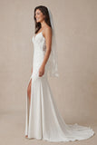 Appliqued Mermaid Ivory Spaghetti Straps Long Wedding Dress with Sweep Train