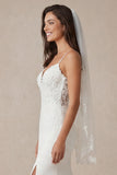 Appliqued Mermaid Ivory Spaghetti Straps Long Wedding Dress with Sweep Train