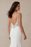 Appliqued Mermaid Ivory Spaghetti Straps Long Wedding Dress with Sweep Train