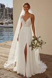 Ivory Spaghetti Straps A Line Appliqued Long Wedding Dress with Slit