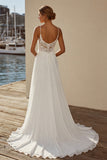 Ivory Spaghetti Straps A Line Appliqued Long Wedding Dress with Slit