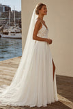 Ivory Spaghetti Straps A Line Appliqued Long Wedding Dress with Slit