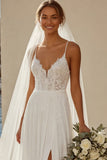 Ivory Spaghetti Straps A Line Appliqued Long Wedding Dress with Slit