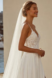 Ivory Spaghetti Straps A Line Appliqued Long Wedding Dress with Slit