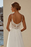 Ivory Spaghetti Straps A Line Appliqued Long Wedding Dress with Slit