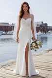 Mermaid Ivory Satin Appliqued Long Wedding Dress with Slit