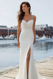 Mermaid Ivory Satin Appliqued Long Wedding Dress with Slit