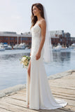 Mermaid Ivory Satin Appliqued Long Wedding Dress with Slit