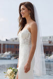 Mermaid Ivory Satin Appliqued Long Wedding Dress with Slit