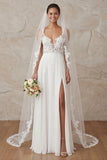 Ivory A Line Appliqued Sweep Train Long Wedding Dress with Slit