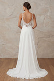 Ivory A Line Appliqued Sweep Train Long Wedding Dress with Slit